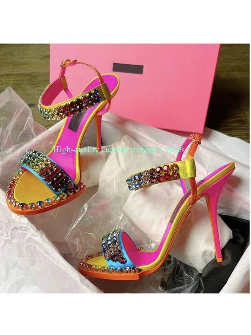 Elegant Rainbow Rhinestone Embellished Sandals for Women
