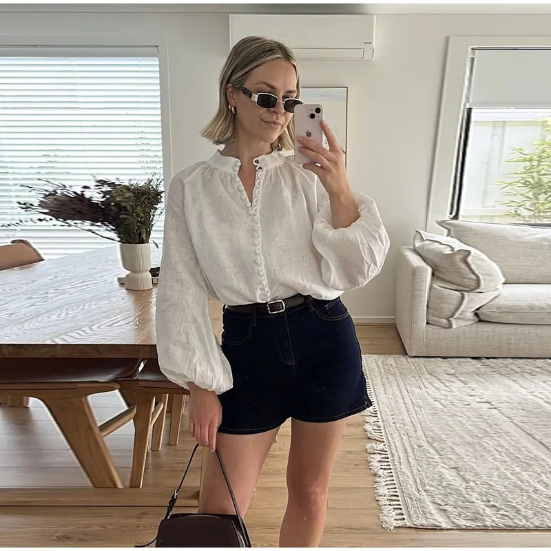Elegant White Stand Collar Puff Sleeve Blouse for Women