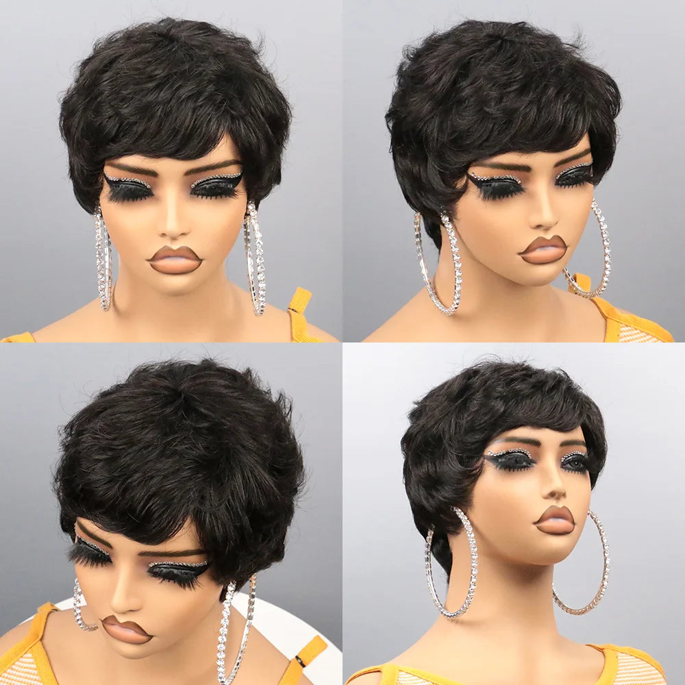 Short Bob Wig Human Hair for Black Women Pixie Cut wigs Human Hair Wig Glueless Wig None Lace Front Wig with Bangs Natural Black