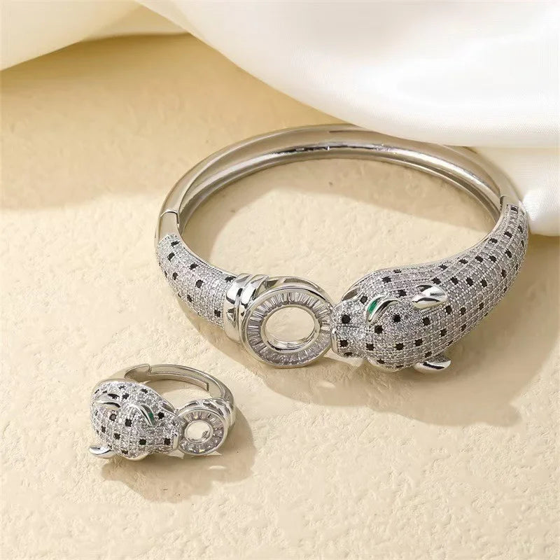 Leopard Pave Bracelet and Ring Jewelry Set for Women