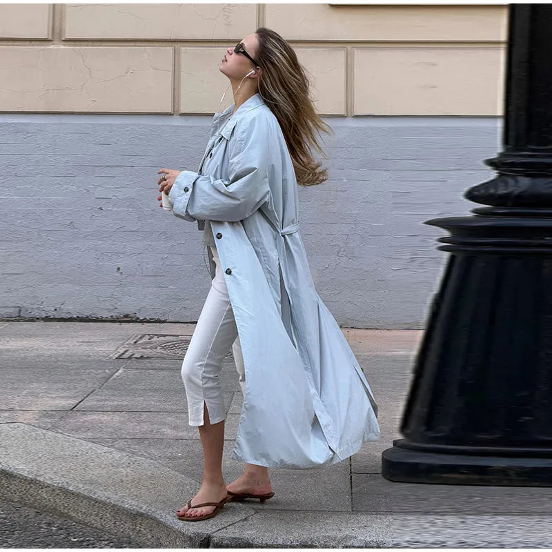Lapel Collar Button Front Long Trench Coat With Waist Belt for Women