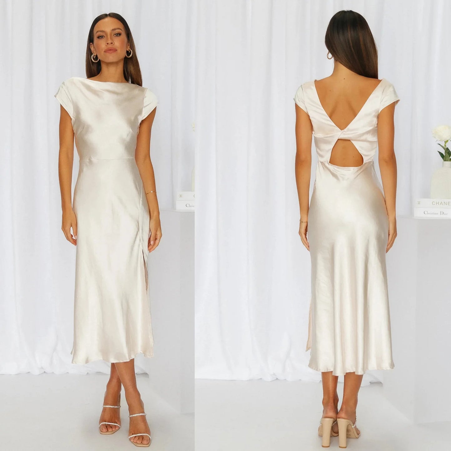 Elegant Solid Color Satin Slim Backless Slit Dress for Women