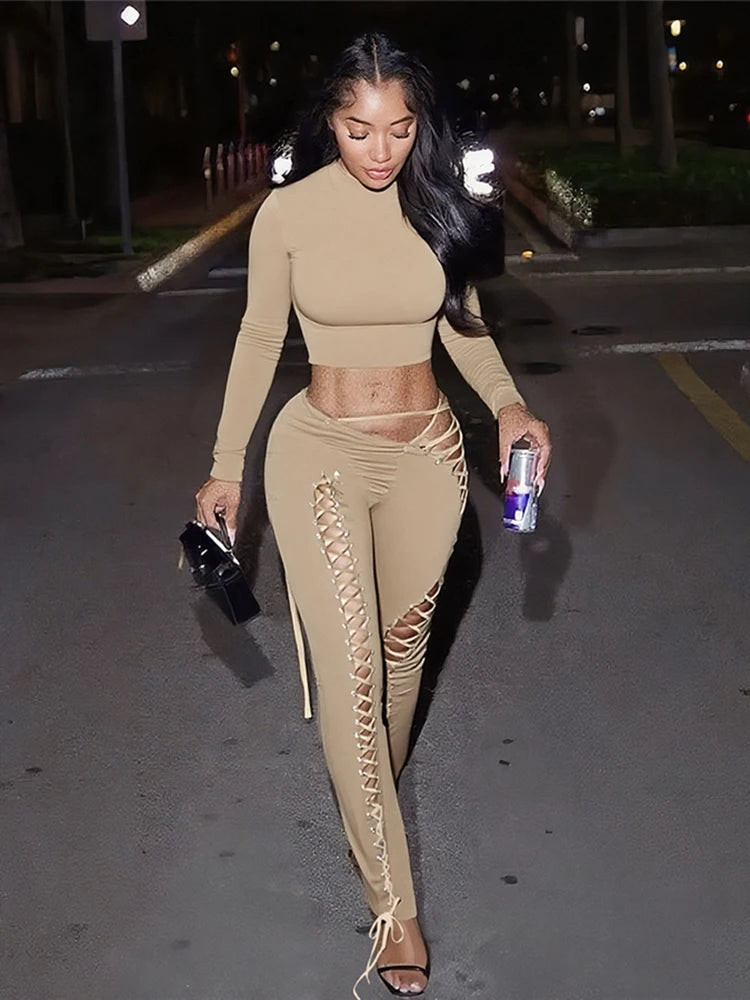 Asymmetrical Crop Top and Shirred Pants Two Piece Set for Women