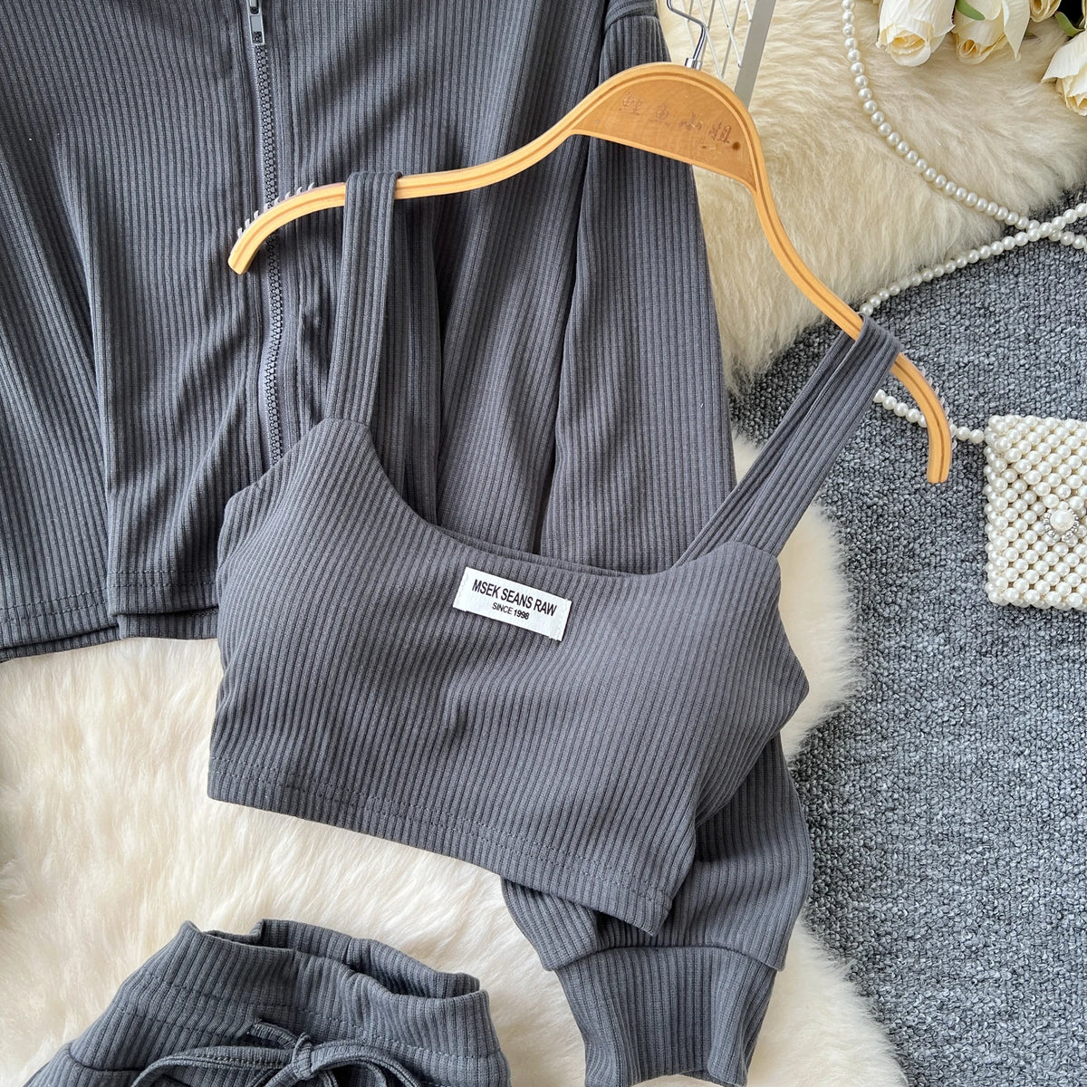 Sporty Three Piece Hoodie, Camisole and Pants Set for Women