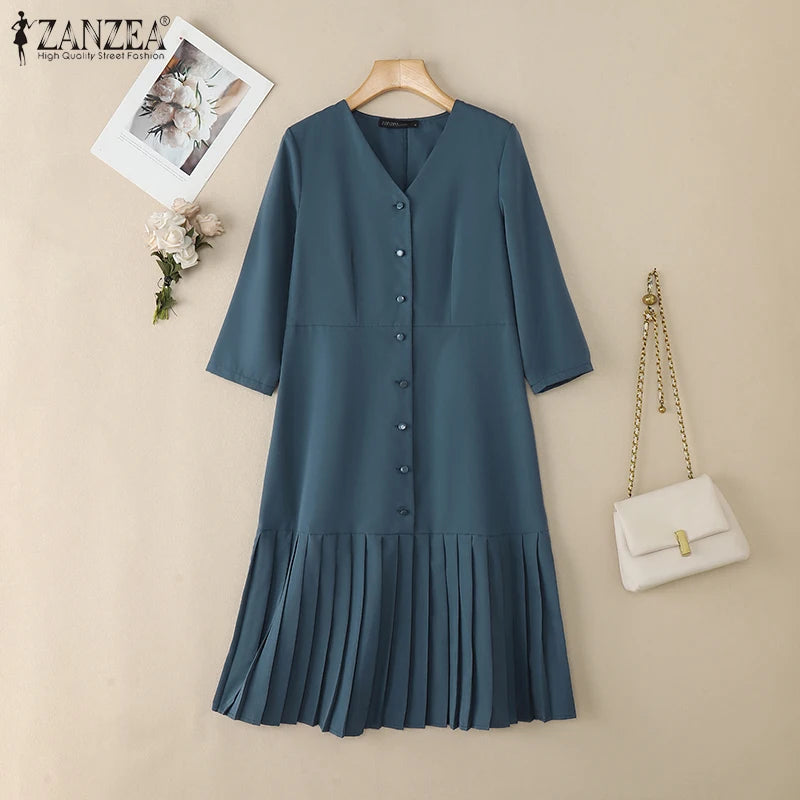 Pleated V-Neck Midi Dress
