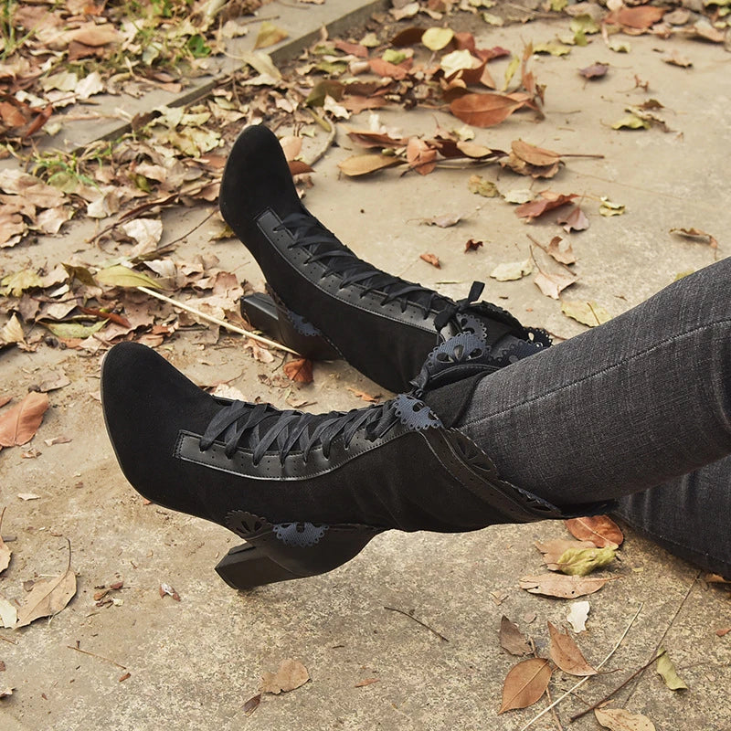 Vintage Lace Up Ruffle Hoof Heel Knee High Boots For Women