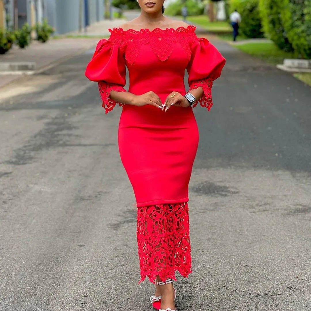 Elegant Dresses for Woman Off the Shoulder Lantern Sleeve Lace Patchwork Sheath Package Hips Ankle Length Luxury Birthday Dress