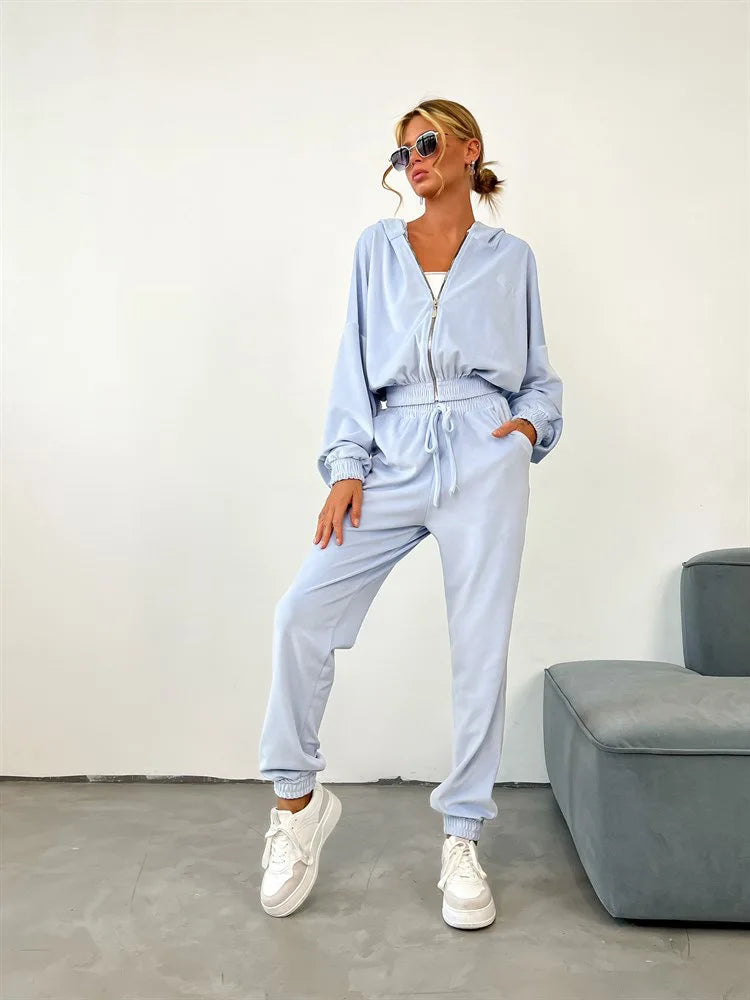 Hooded Zipper Hoodie and Trouser Tracksuit Set for Women