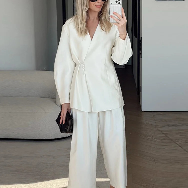 Lace Up Jacket and Wide Leg Pants Suit Set for Women