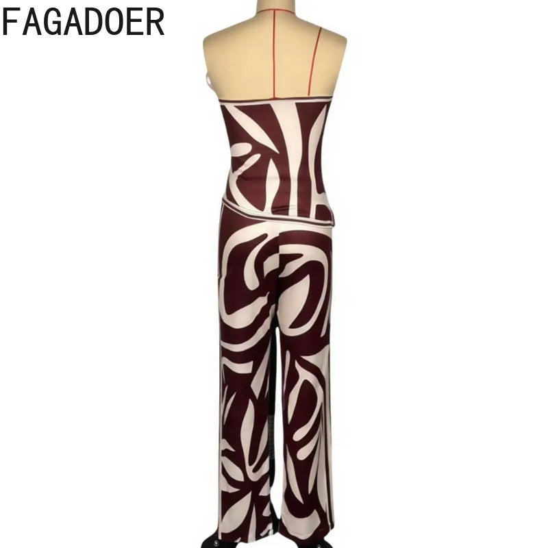FAGADOER Fashion Stripe Print 2 Pieces Set for Woman Sleeveless Backless Top + Wide Leg Pant Outfits Matching Female Streetwear