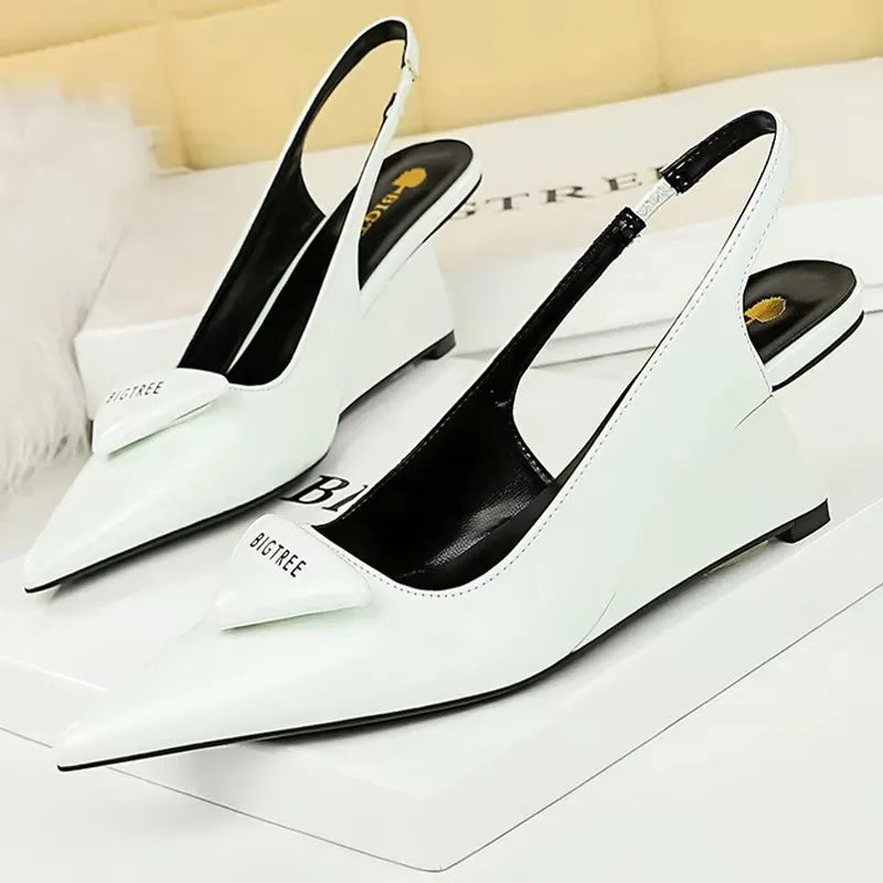 Patent Leather Wedge Heel Pumps With Back Strap for Women