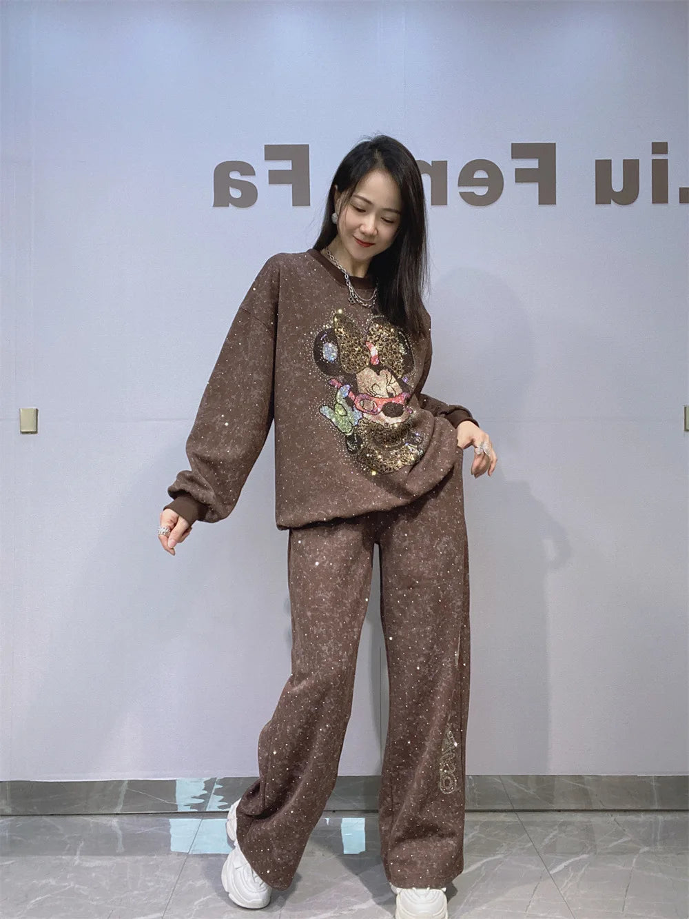 Autumn Winter Rhinestone Long Sleeve Round Neck Pullover Sweatshirt and Long Pants Set Fashion Woman Clothes Outfits 2025 New