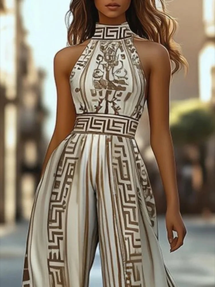 Beautyblue Jumpsuits for Woman Halter Neck Jumpsuit Summer New Fashion Sleeveless Geometric Maze Print One-piece Overalls Female