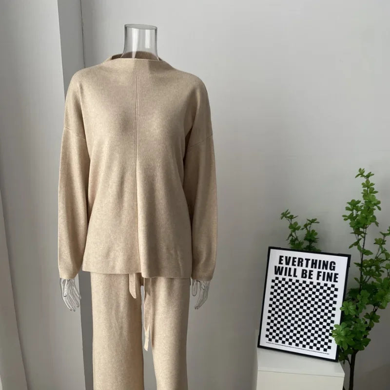Solid Turtleneck Sweatshirt Set With Wide Leg Pants for Women