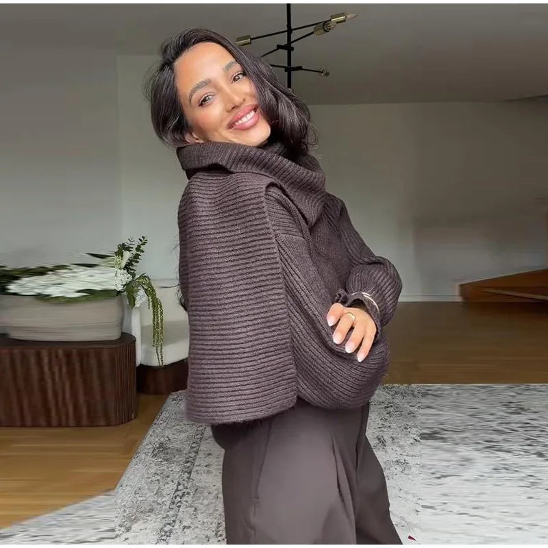 Women 's Sweater Elegant Scarf O-neck Knitted Thicken Full Sleeve Pullovers Female 2025 New Autumn Winter Woman Jacket Knitwear