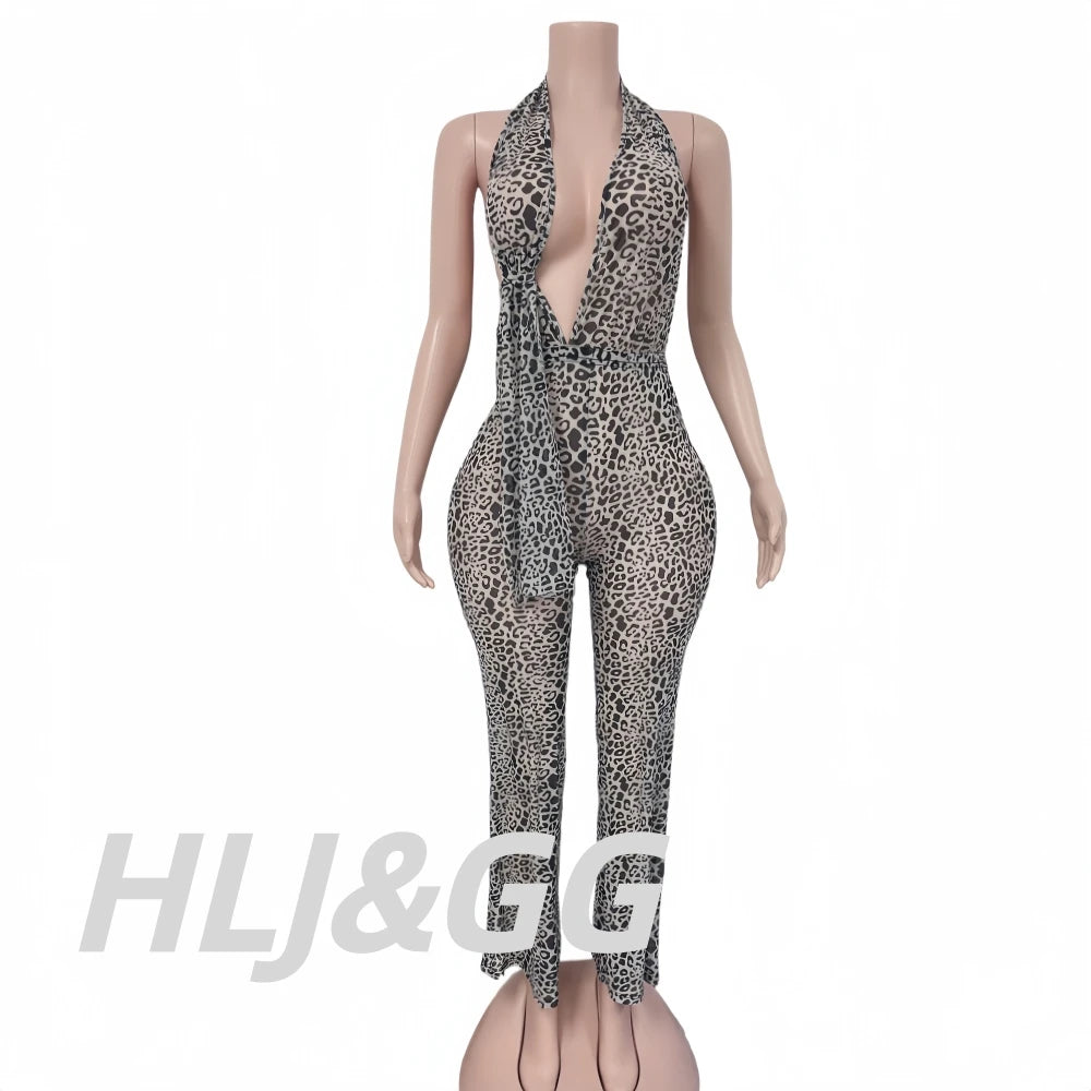 Leopard Print Halter Backless Bodycon Jumpsuit for Women
