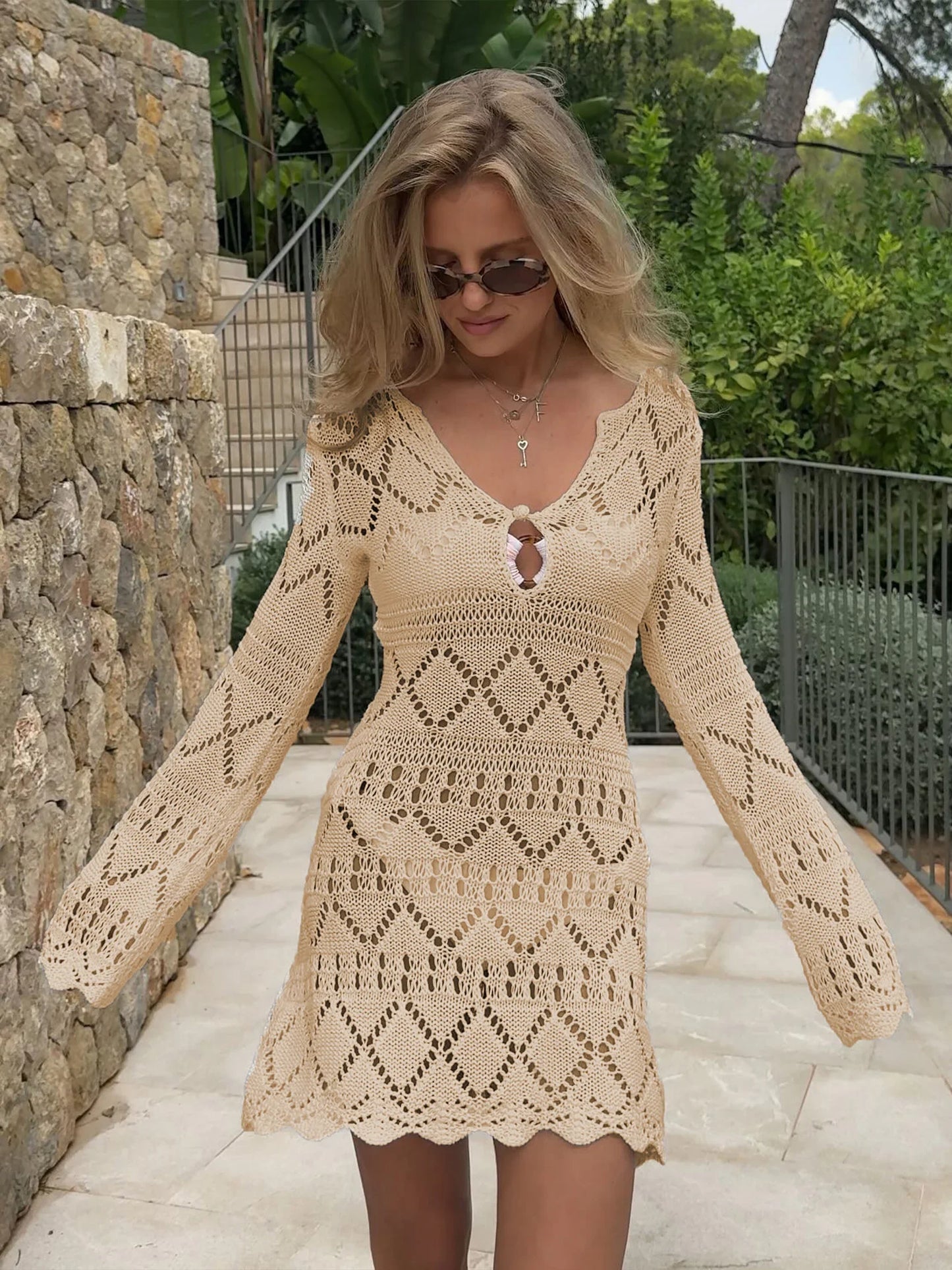 Sexy Knit Hollow Out V Neck White Slim Ruffled Edge Long Sleeve Beach Mini Dress 2025 New Women Vacation Swimsuit Cover Up K241