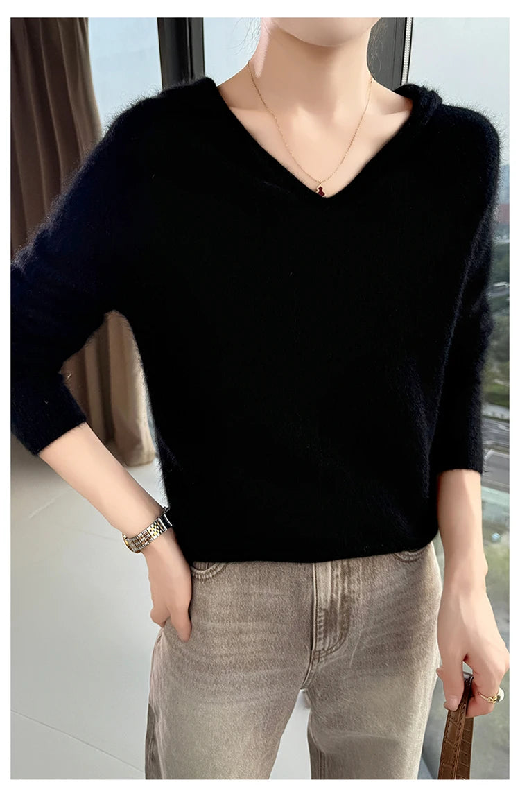 Loose Fit Thick Knit Hooded V-Neck Sweater for Women
