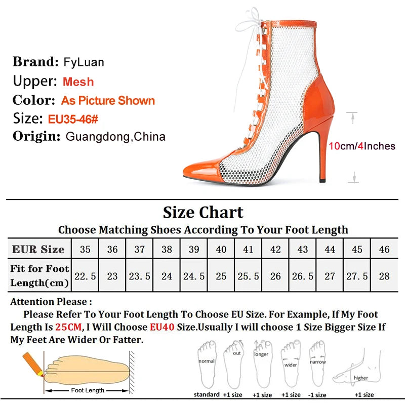 Breathable Mesh Pointy Toe Lace Up Thin Heel Ankle Boots for Women