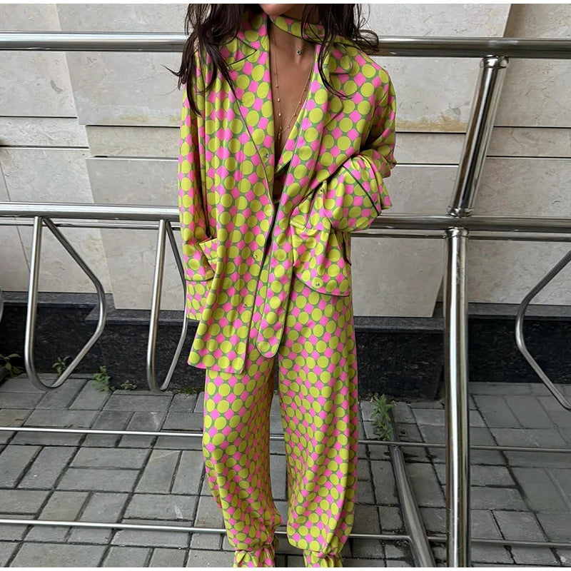 Geometric Printed Wide Leg Loose Pants Set for Women