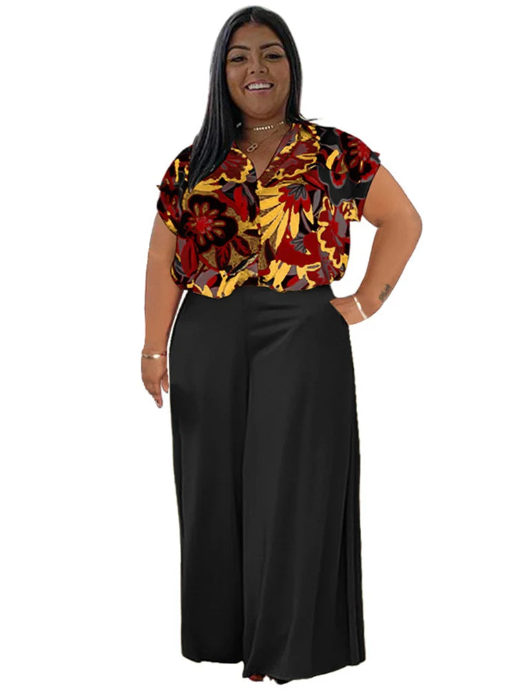 Wmstar Plus Size Two Piece Sets Women Clothing Printed T-shirts Tops and Solid Pants Wide Leg Pockets Wholesale Dropshopping