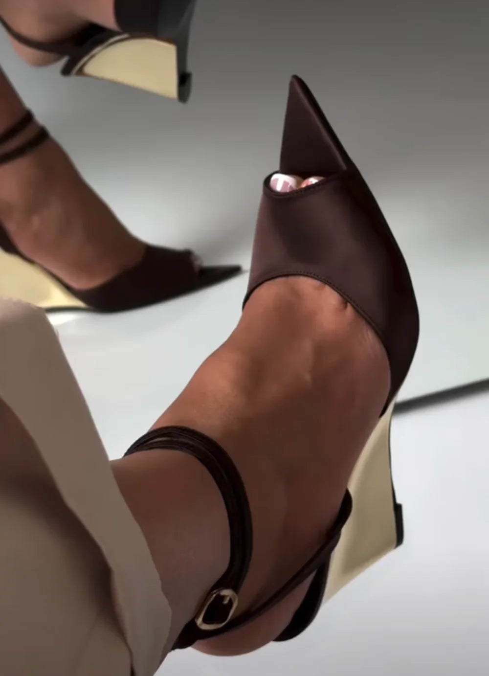 Chocolate Satin Peep Toe Wedge Sandals