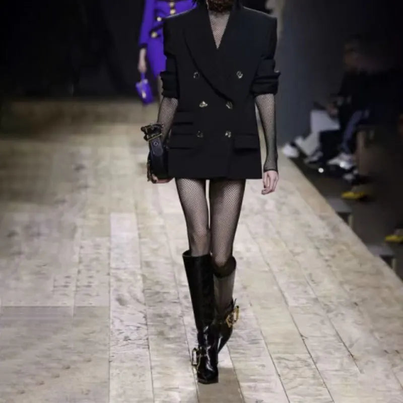 Shiny Metal Belt Buckle Side Zip Knee-High Boots for Women