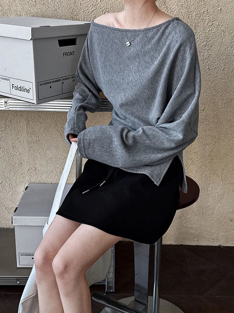Black Pleated Asymmetrical Collar Sweatshirt for Women