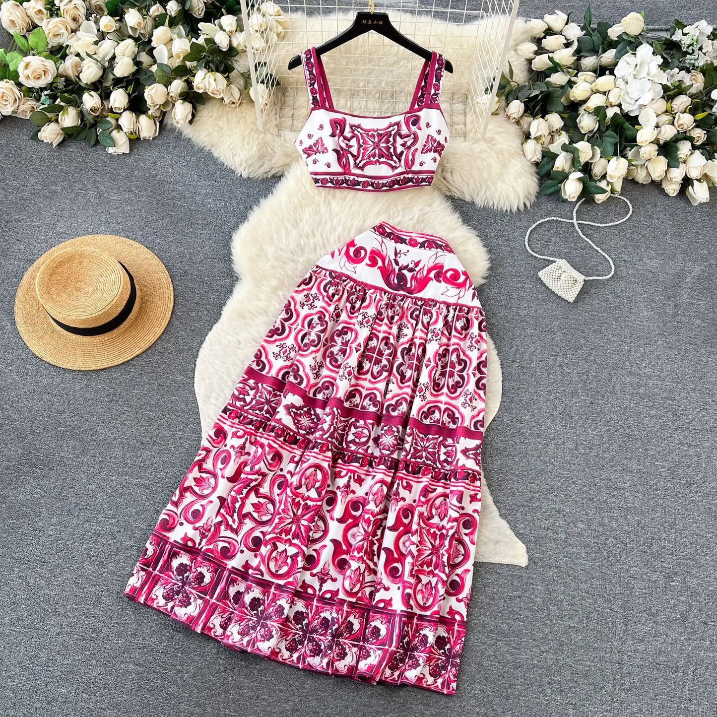 Blue and White Porcelain Print Two Piece Set for Women