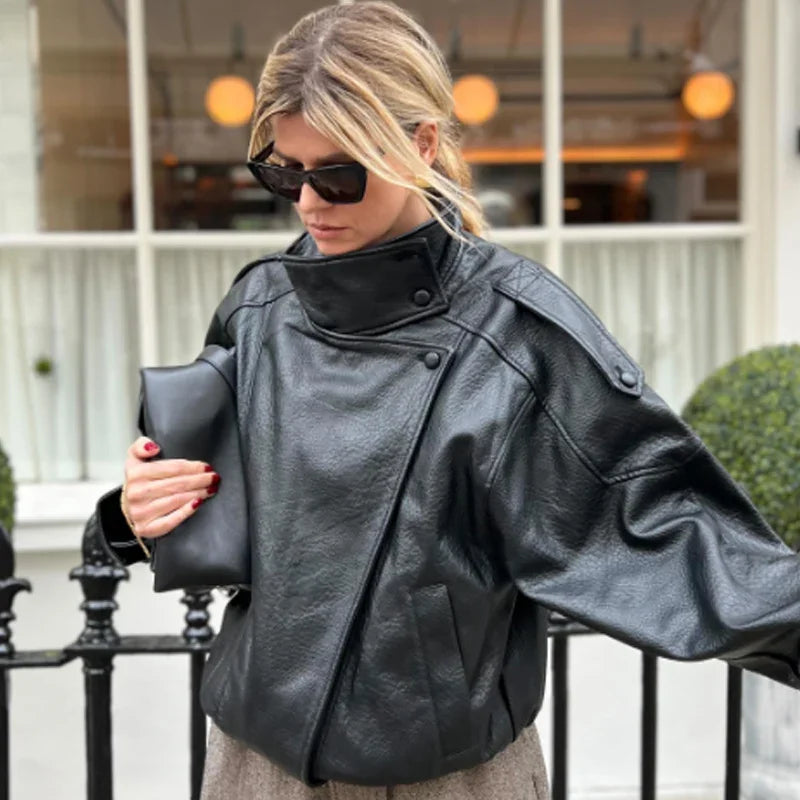 Cropped Oversized Black Leather Bomber Jacket for Women