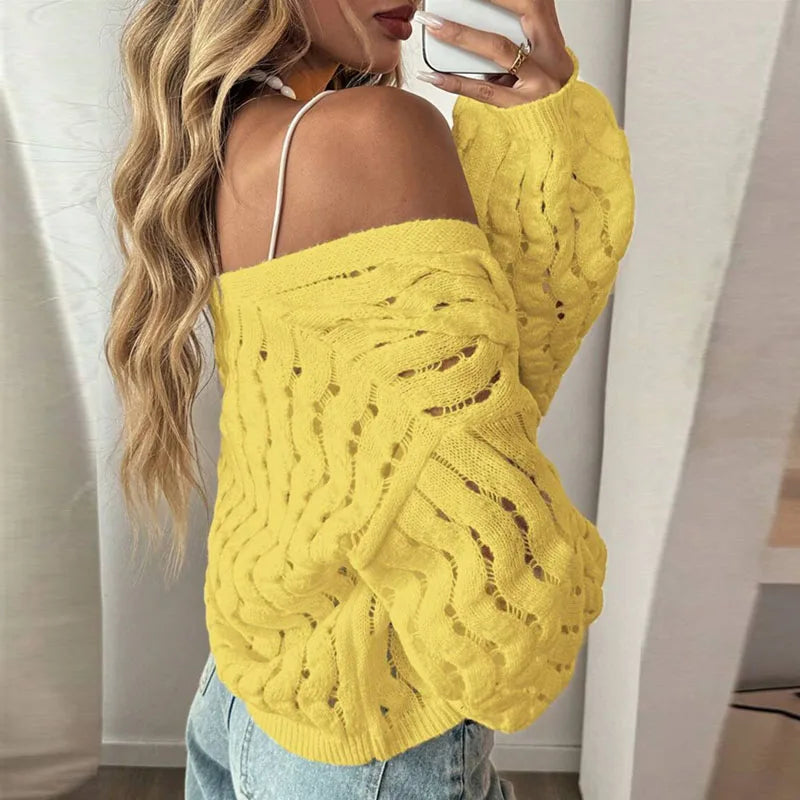 Fashion V Neck Single Breasted Crochet Jacket Woman Sexy Hollow Out Long Sleeve Knitted Sweater Casual Pure Soft Cardigan Jumper