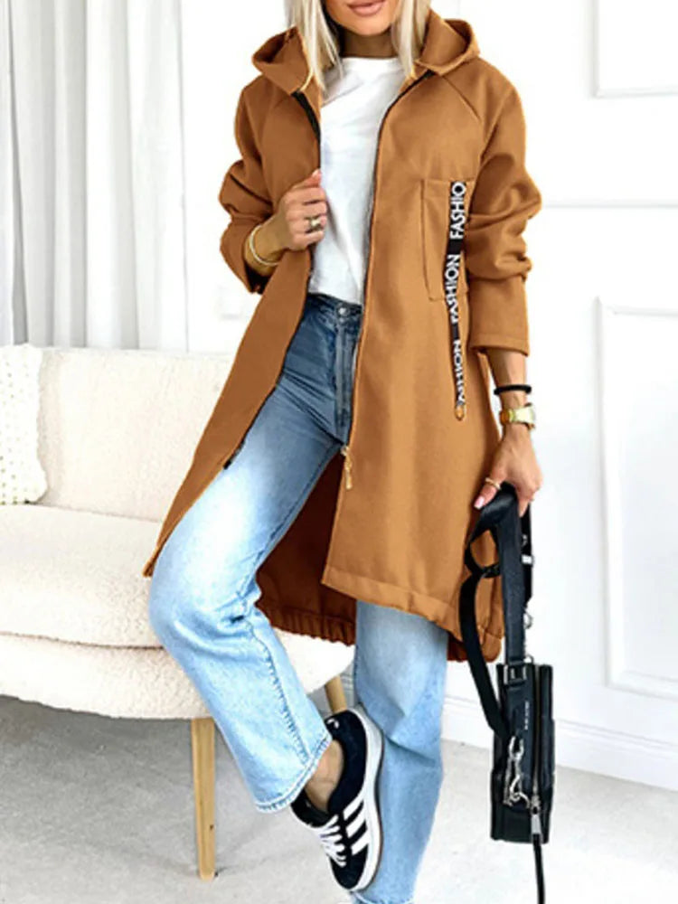 Autumn Winter Pockets Spliced Zipper Coat New Thick Warm Solid Color Women's Jacket Hooded Sports Long Sleeved Lady Outerwear