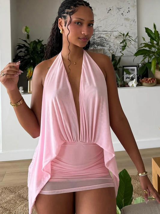 Backless Halter Neck Ruched Mini Dress