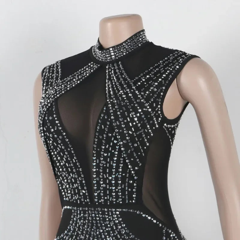 Sexy Sheer Rhinestone Mesh Cap Sleeve Romper for Women