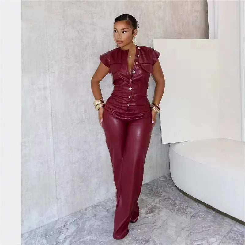 Solid Color Dark Red Wide Leg Pu Leather Jumpsuit for Women
