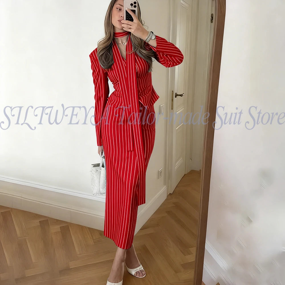 Single Breasted Blue Striped Blazer Skirt Set for Women