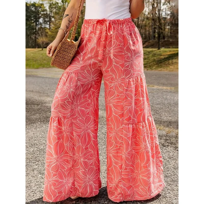 Plus Size Printed Wide Leg Elastic Waist Pants for Women
