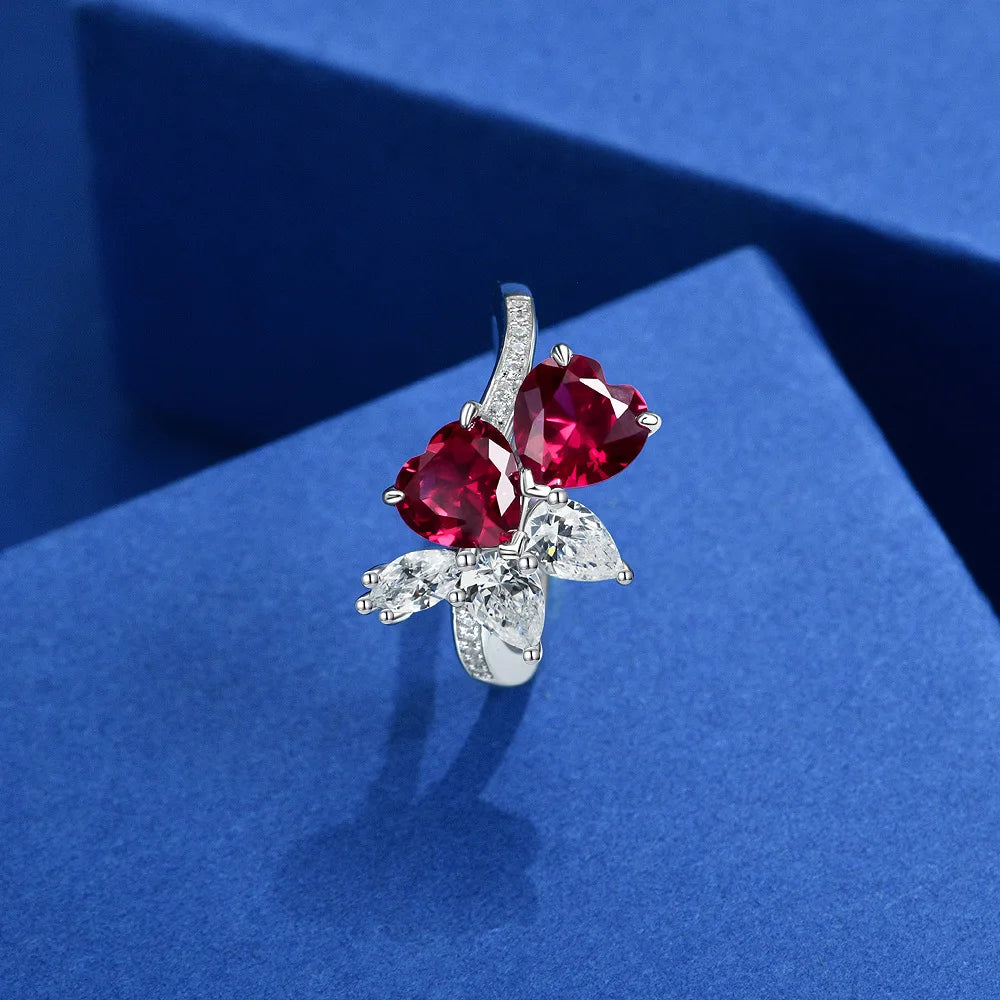 PANSYSEN Vintage 100% 925 Sterling Silver 7*7MM Heart Cut Ruby Diamond Rings for Women Wedding Engagement Fine Jewelry Ring Gift