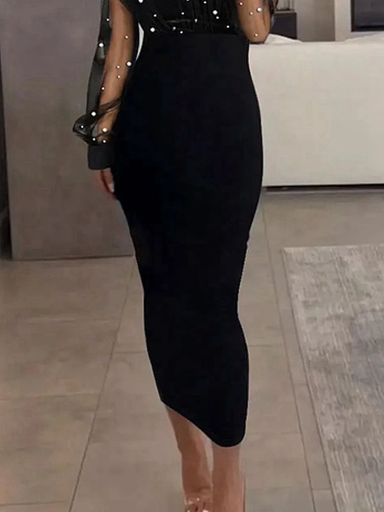Ruched Beaded Contrast Sheer Mesh Long Sleeve Dress Slim Fit Bodycon Midi Black Dress for Women