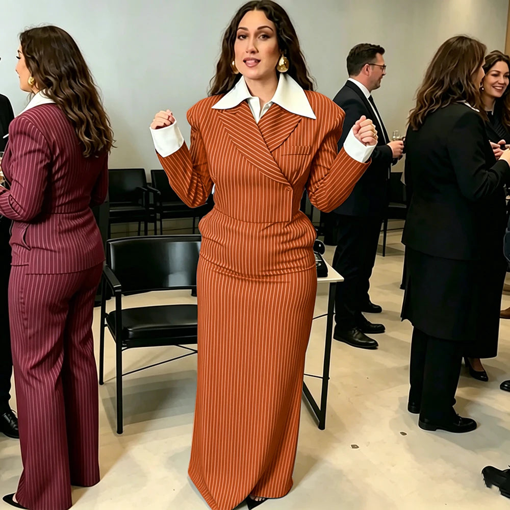 Navy Pinstripe Single Breasted Blazer Skirt Set for Women