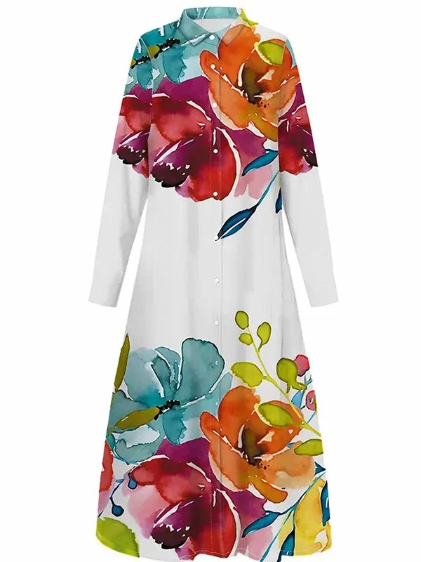 2026 New Spring Elegant Colorful Floral Printed Long Shirt Dress Women Long Sleeves Loose Casual Going Out Vacation Maxi Dresses