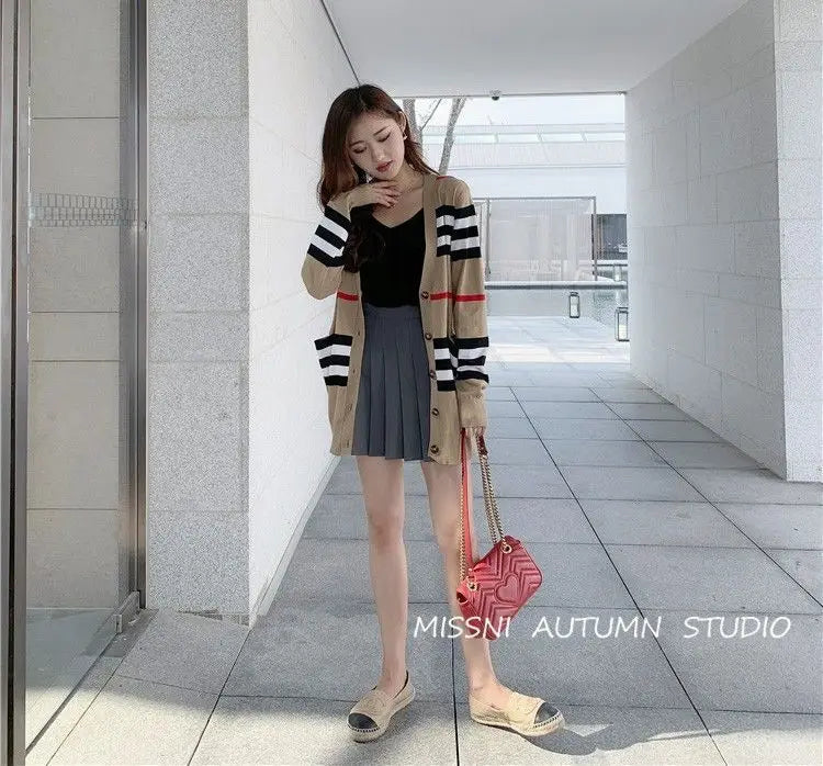 Women's Coat Spring and Autumn Classic Striped Color-block V-neck Mid-length Knitted Cardigan Loose Sweater Coat