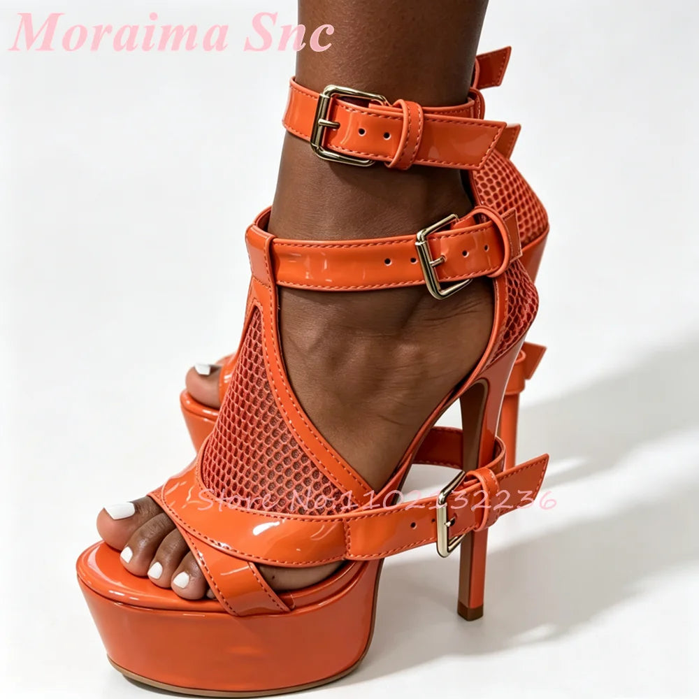 Mesh Cutout Patent Platform Sandals