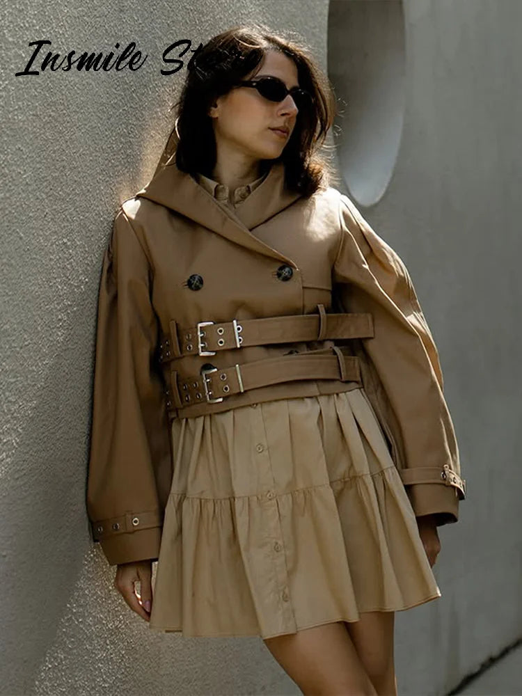 Khaki Cotton Blended Double Breasted Puff Sleeve Coat For Women