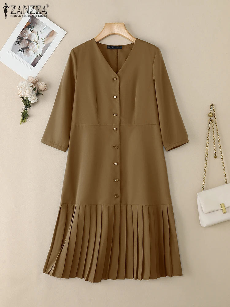 Pleated V-Neck Midi Dress