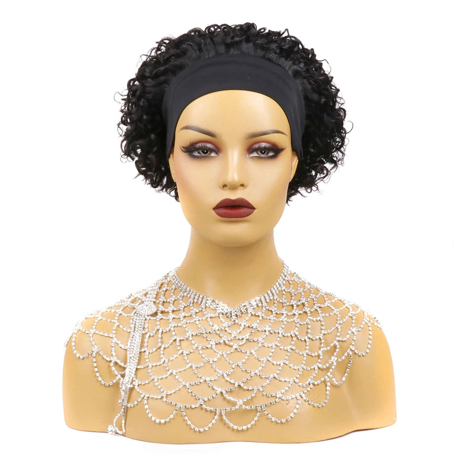 Short Curly Kinky Headband Human Hair Bob Wig for Women