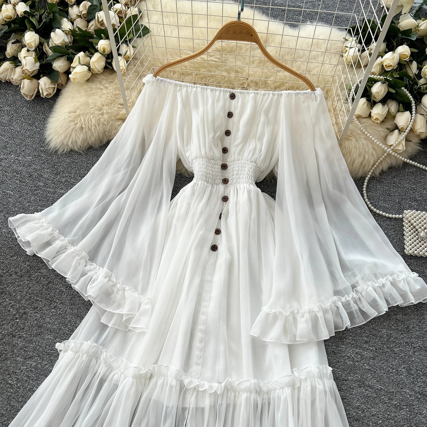 Off-Shoulder Pleated Satin Maxi Dress