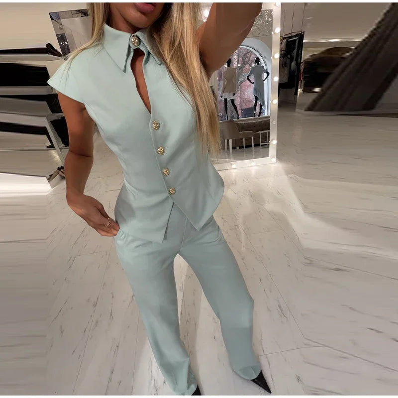 Waist Cinched Tailored Suit Set With Wide Leg Pants For Women