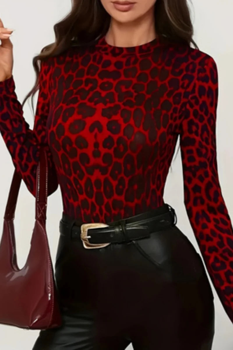 Leopard Print Slim Fit Long Sleeve Knit Top for Women