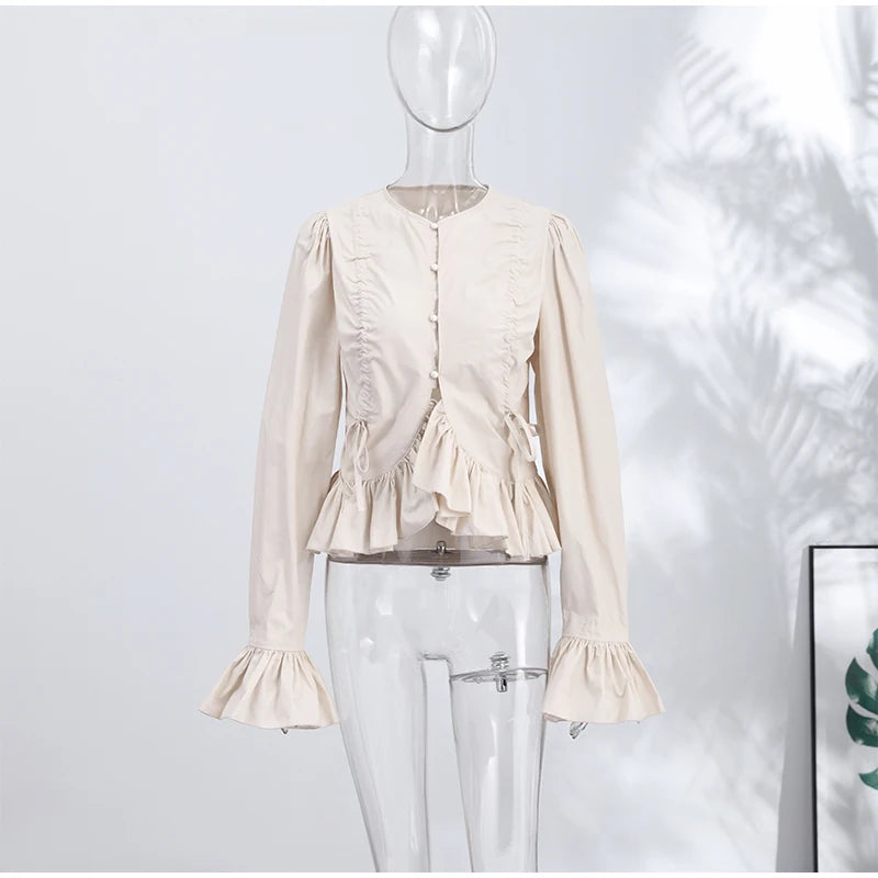 Chic Solid Ruffle Pleated Puff Sleeve Shirt for Women